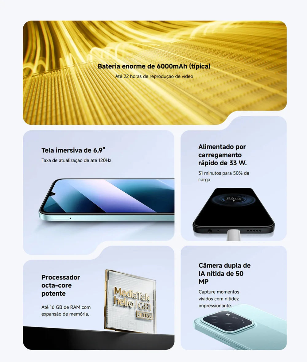 POCO C85 4G 128/6GB Android 15 NFC Tela 6.9" 120Hz Versão Global Bateria 6000mAh Carga Rápida